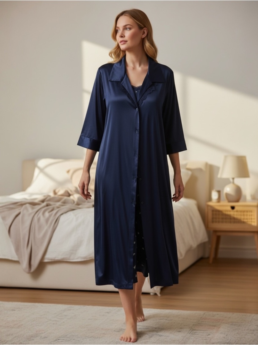 Vintage Vanity Fair 3 Pc Midnight Blue Pajama Set Robe, Shirt, Pants Size 1X